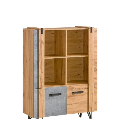 Nízký regál s dvířky CONOVER - dub wotan / beton / černý