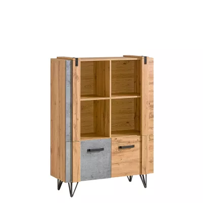 Nízký regál s dvířky CONOVER - dub wotan / beton / černý