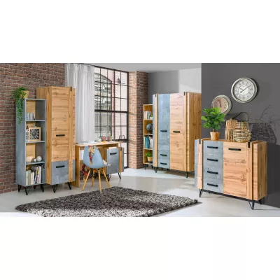 Úzká knihovna CONOVER - dub wotan / beton / černá