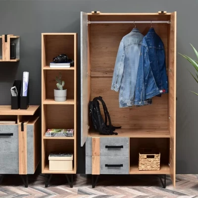 Šatní skříň 91 cm CONOVER - dub wotan / beton / černá