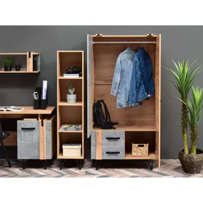 Šatní skříň 91 cm CONOVER - dub wotan / beton / černá