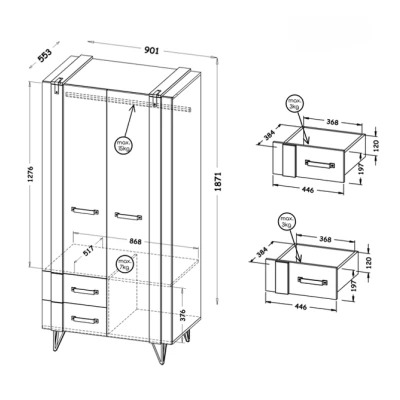 Šatní skříň 91 cm CONOVER - dub wotan / beton / černá