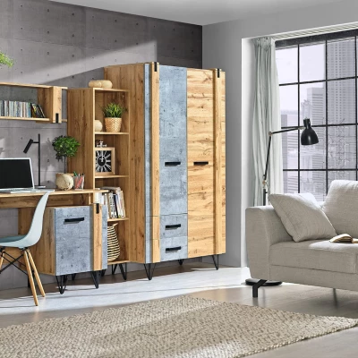 Šatní skříň 91 cm CONOVER - dub wotan / beton / černá