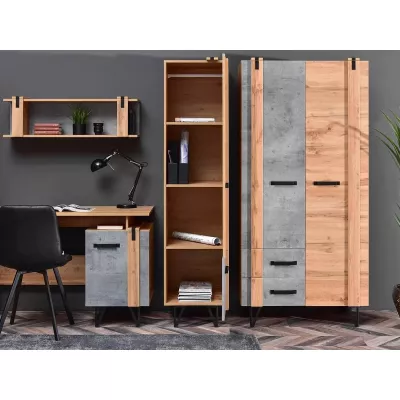 Policová šatní skříň 46 cm CONOVER - dub wotan / beton / černá