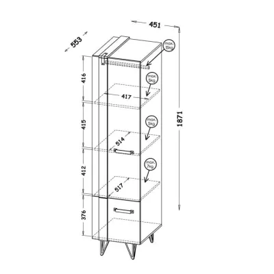Policová šatní skříň 46 cm CONOVER - dub wotan / beton / černá