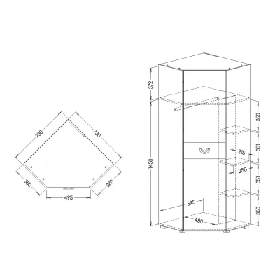 Rohová šatní skříň 73 cm EDENTON - dub nash / grafit / bílá
