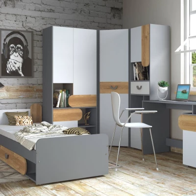 Rohová šatní skříň 73 cm EDENTON - dub nash / grafit / bílá