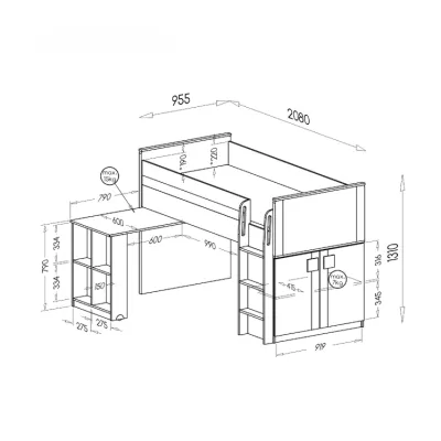 Zvýšená multifunkční postel 90x200 BURGAW - bílá / antracit