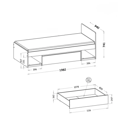 Jednolůžková postel se šuplíkem 90x195 CARYM - dub wotan / bílá