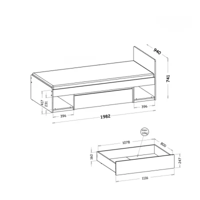 Jednolůžková postel se šuplíkem 90x195 CARYM - dub wotan / bílá
