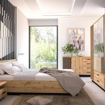 Manželská postel 160x200 CATAWBA s úložným prostorem - dub wotan / černá