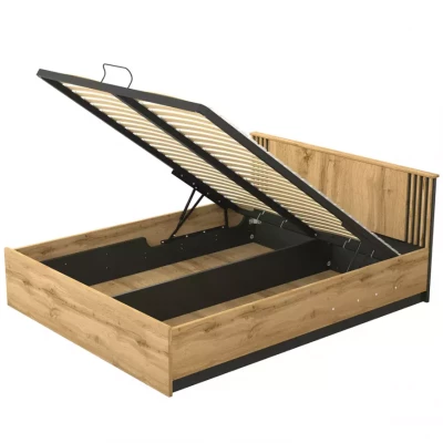 Manželská postel 160x200 CATAWBA s úložným prostorem - dub wotan / černá