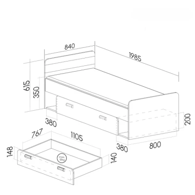 Jednolůžková postel 80x195 CEDAR se šuplíkem - dub nash / bílá