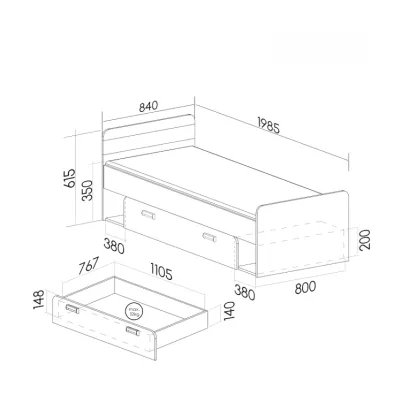 Jednolůžková postel 80x195 CEDAR se šuplíkem - dub nash / bílá