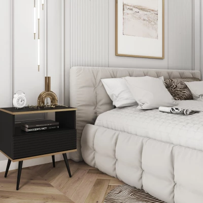 Noční stolek JENY 2 - černý / zlatý / černé nožky