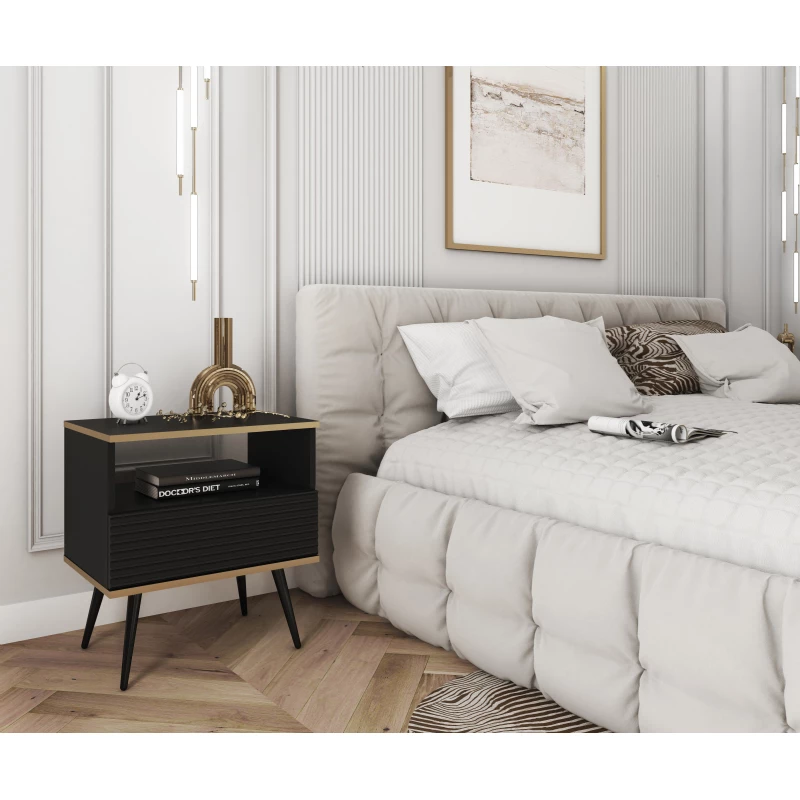 Noční stolek JENY 2 - černý / zlatý / černé nožky