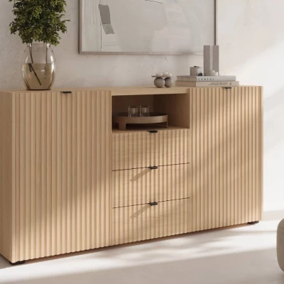 Široká komoda s dvířky a šuplíky TROUTDALE - dub vicenza