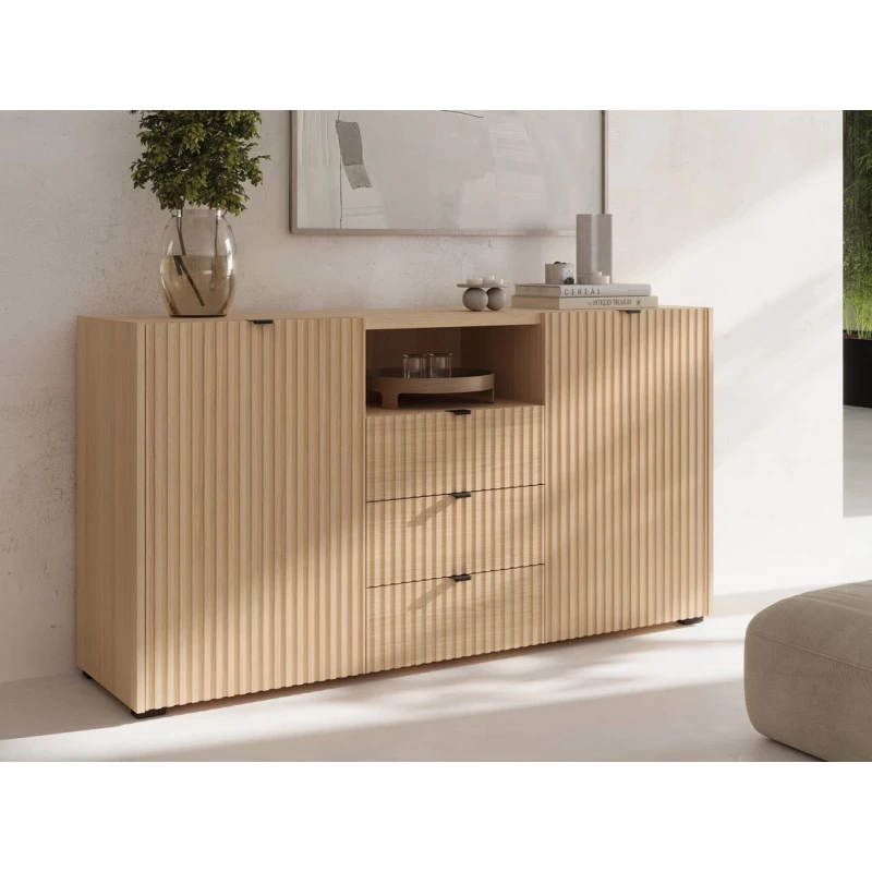 Široká komoda s dvířky a šuplíky TROUTDALE - dub vicenza