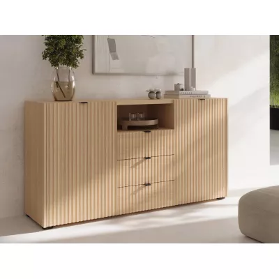 Široká komoda s dvířky a šuplíky TROUTDALE - dub vicenza