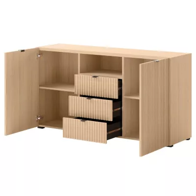 Široká komoda s dvířky a šuplíky TROUTDALE - dub vicenza