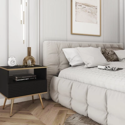 Noční stolek JENY 2 - černý / zlatý / zlaté nožky