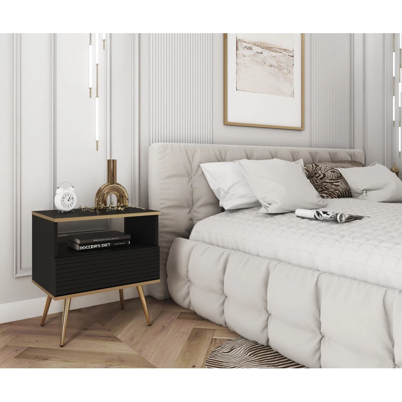 Noční stolek JENY 2 - černý / zlatý / zlaté nožky