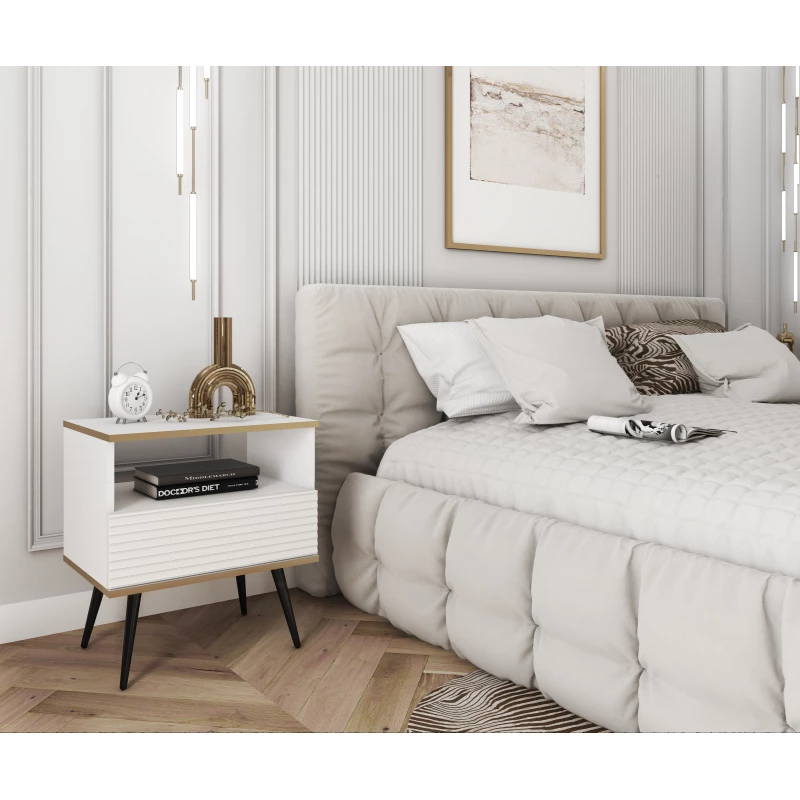 Noční stolek JENY 2 - bílý / zlatý / černé nožky