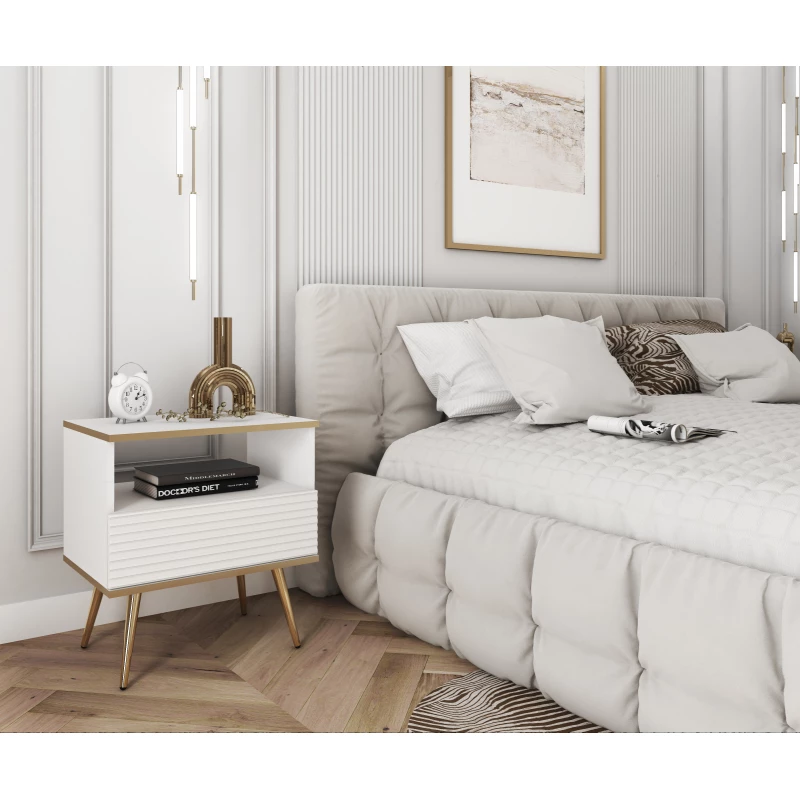 Noční stolek JENY 2 - bílý / zlatý / zlaté nožky
