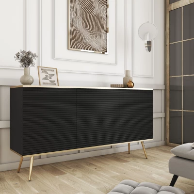 Široká komoda s dvířky JENY 2 - černá / zlatá / zlaté nožky