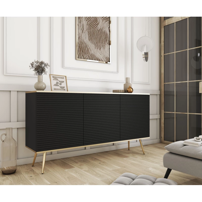 Široká komoda s dvířky JENY 2 - černá / zlatá / zlaté nožky