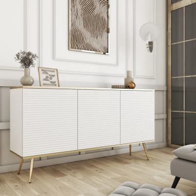 Široká komoda s dvířky JENY 2 - bílá / zlatá / zlaté nožky