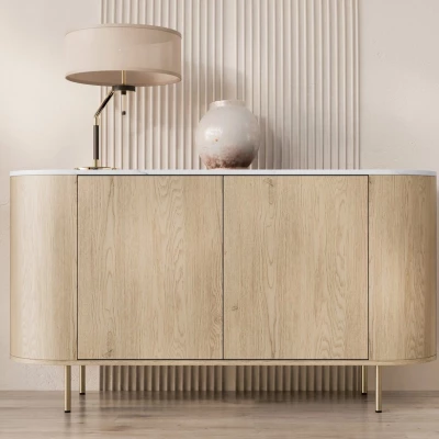 Komoda s dvířky TANGIER - dub cremona / černý mramor / zlatá