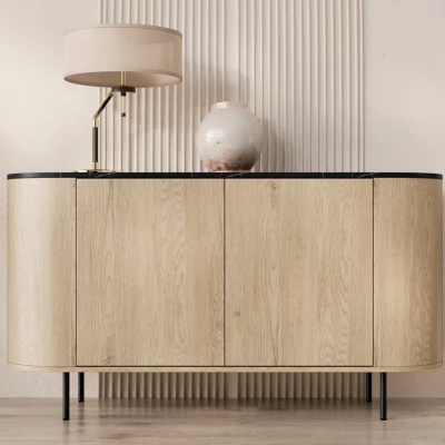 Komoda s dvířky TANGIER - dub cremona / černý mramor / černá