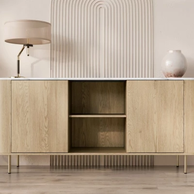 Kombinovaná komoda TANGIER - dub cremona / černý mramor / zlatá