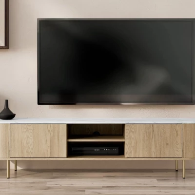 Široký TV stolek TANGIER - dub cremona / černý mramor / zlatý