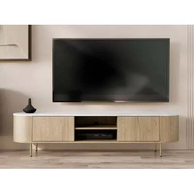 Široký TV stolek TANGIER - dub cremona / černý mramor / zlatý