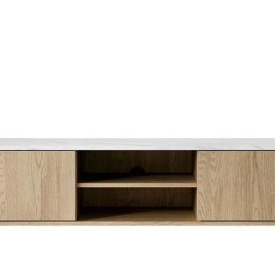 Široký TV stolek TANGIER - dub cremona / černý mramor / zlatý