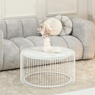 Kulatý konferenční stolek IRAKLI - bílý mramor / bílý