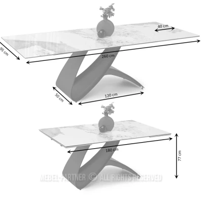 Rozkládací jídelní stůl 180(260)x95 AGASI - bílý mramor / černý