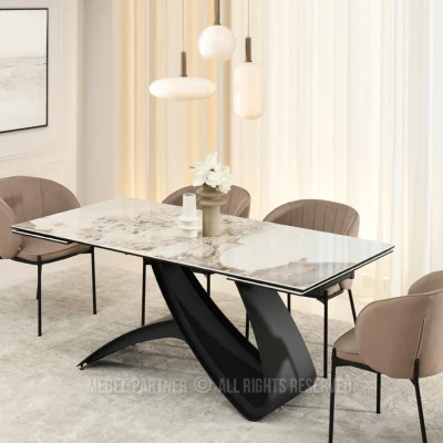 Rozkládací jídelní stůl 180(260)x95 AGASI - bílý mramor / černý