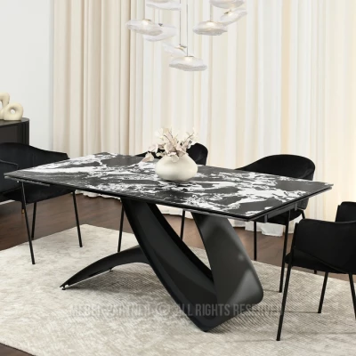 Rozkládací jídelní stůl 180(260)x95 AGASI - černobílý mramor / černý