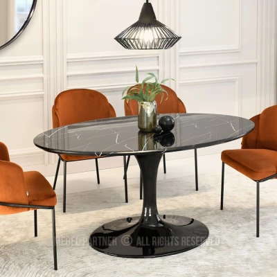 Oválný jídelní stůl ADRIK - černý mramor / černý