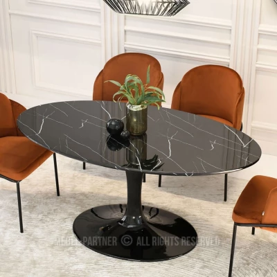 Oválný jídelní stůl ADRIK - černý mramor / černý