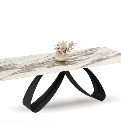 Rozkládací jídelní stůl 180(260)x95 EVONY - béžový mramor / černý