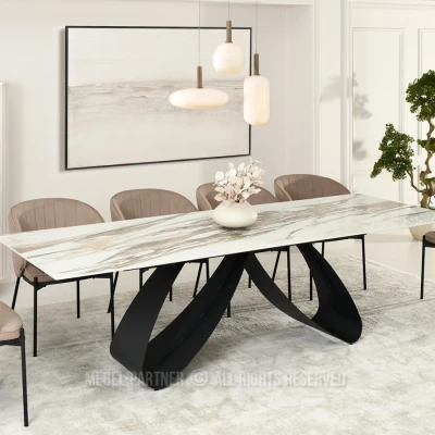 Rozkládací jídelní stůl 180(260)x95 EVONY - béžový mramor / černý