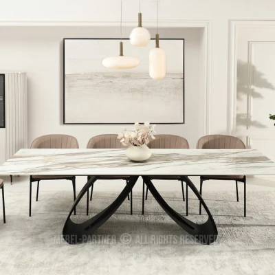 Rozkládací jídelní stůl 180(260)x95 EVONY - béžový mramor / černý