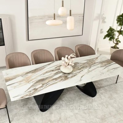 Rozkládací jídelní stůl 180(260)x95 EVONY - béžový mramor / černý