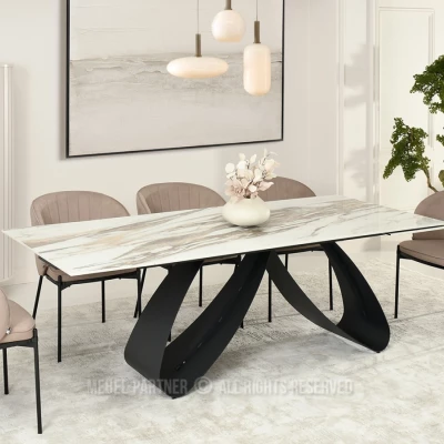 Rozkládací jídelní stůl 180(260)x95 EVONY - béžový mramor / černý