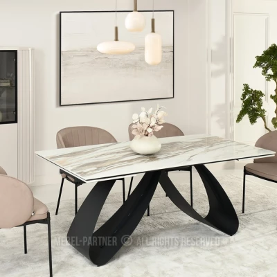 Rozkládací jídelní stůl 180(260)x95 EVONY - béžový mramor / černý