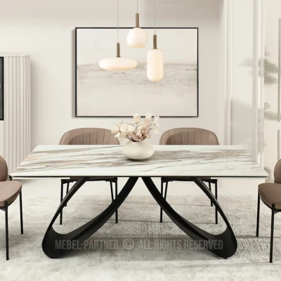 Rozkládací jídelní stůl 180(260)x95 EVONY - béžový mramor / černý